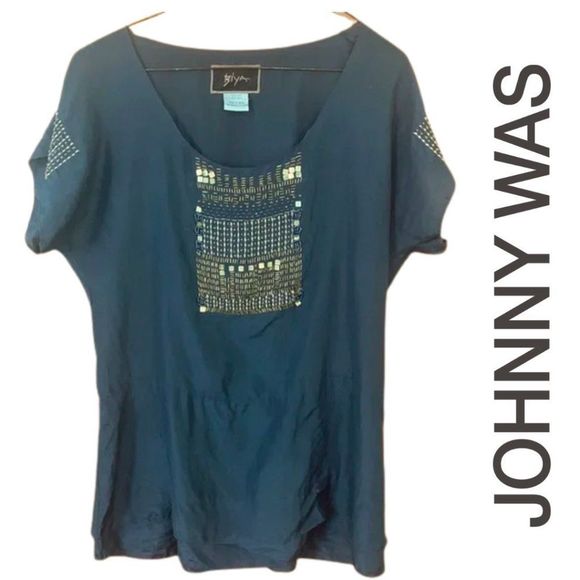Johnny Was Biya Silk Blouse beaded embroidered slate gray medium